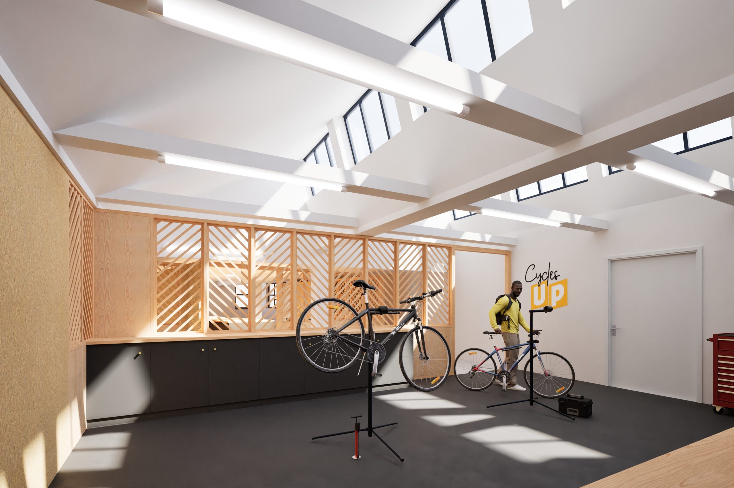 Aménagement de l'atelier Cycles UP par Robin DENIS Architecte. Visuel 3D de l'atelier