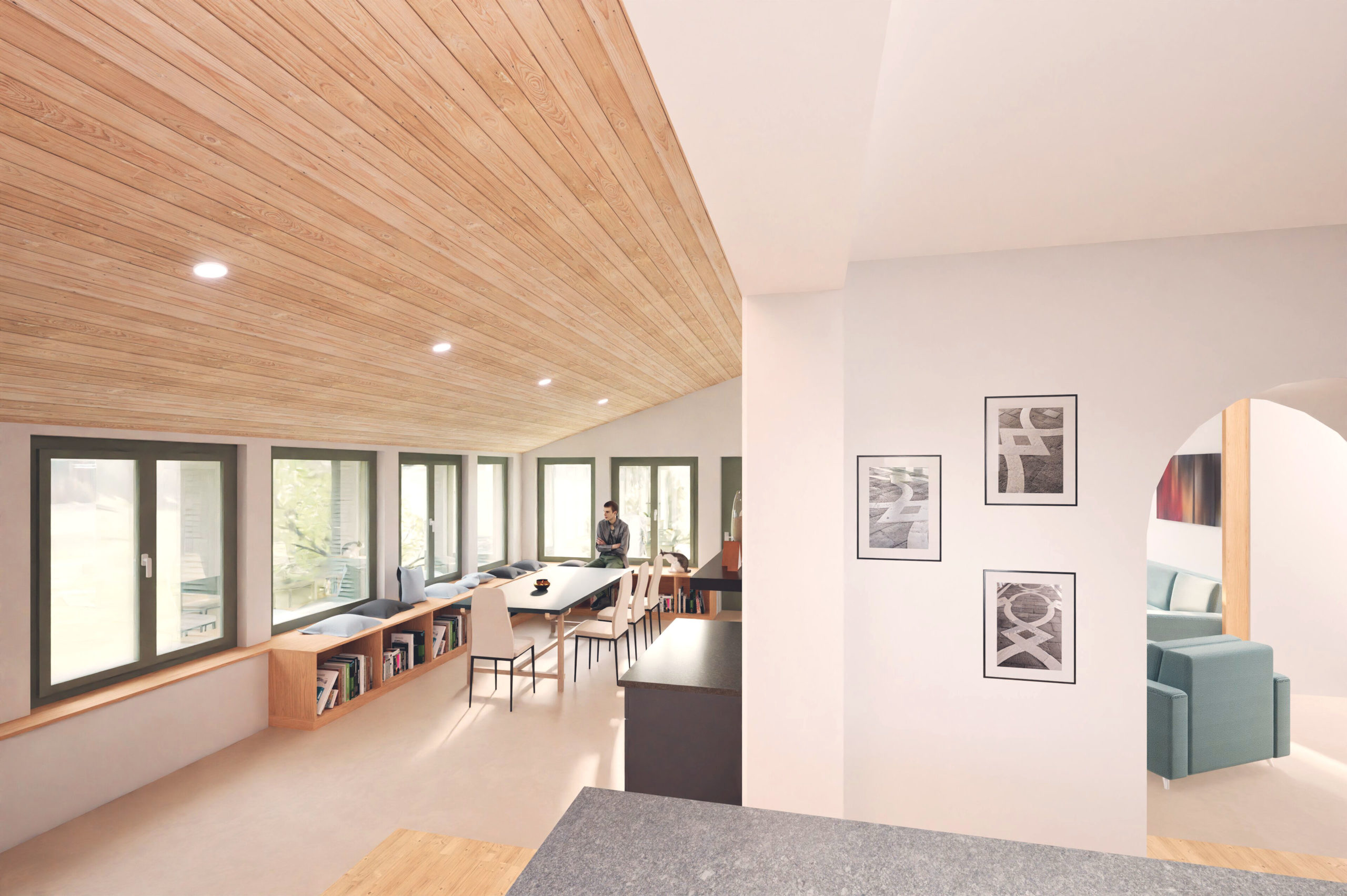 Rénovation d'une maison en Pierre à Polignac, Haute Loire (43). Vue intérieure depuis la cuisine. Conception Robin DENIS Architecte.