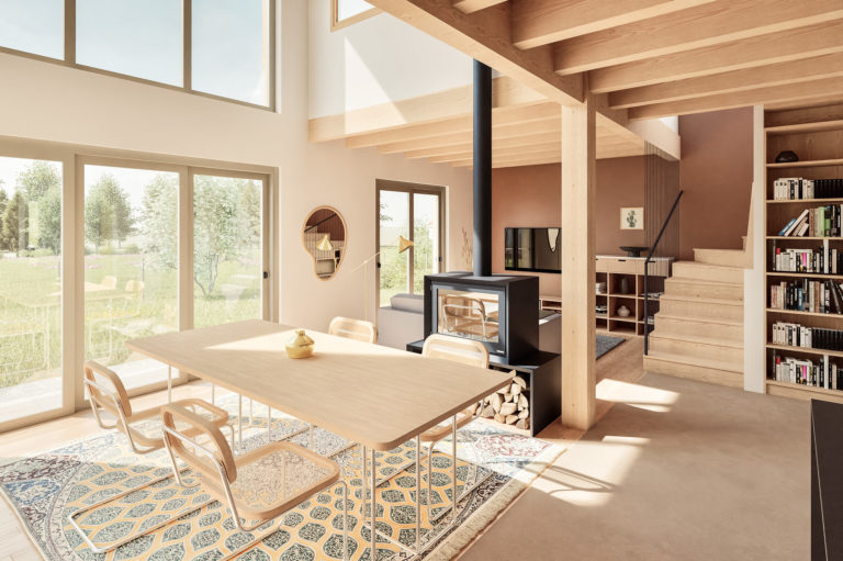 Séjour d'une maison en bois et matériaux biosourcés à st germain laprade