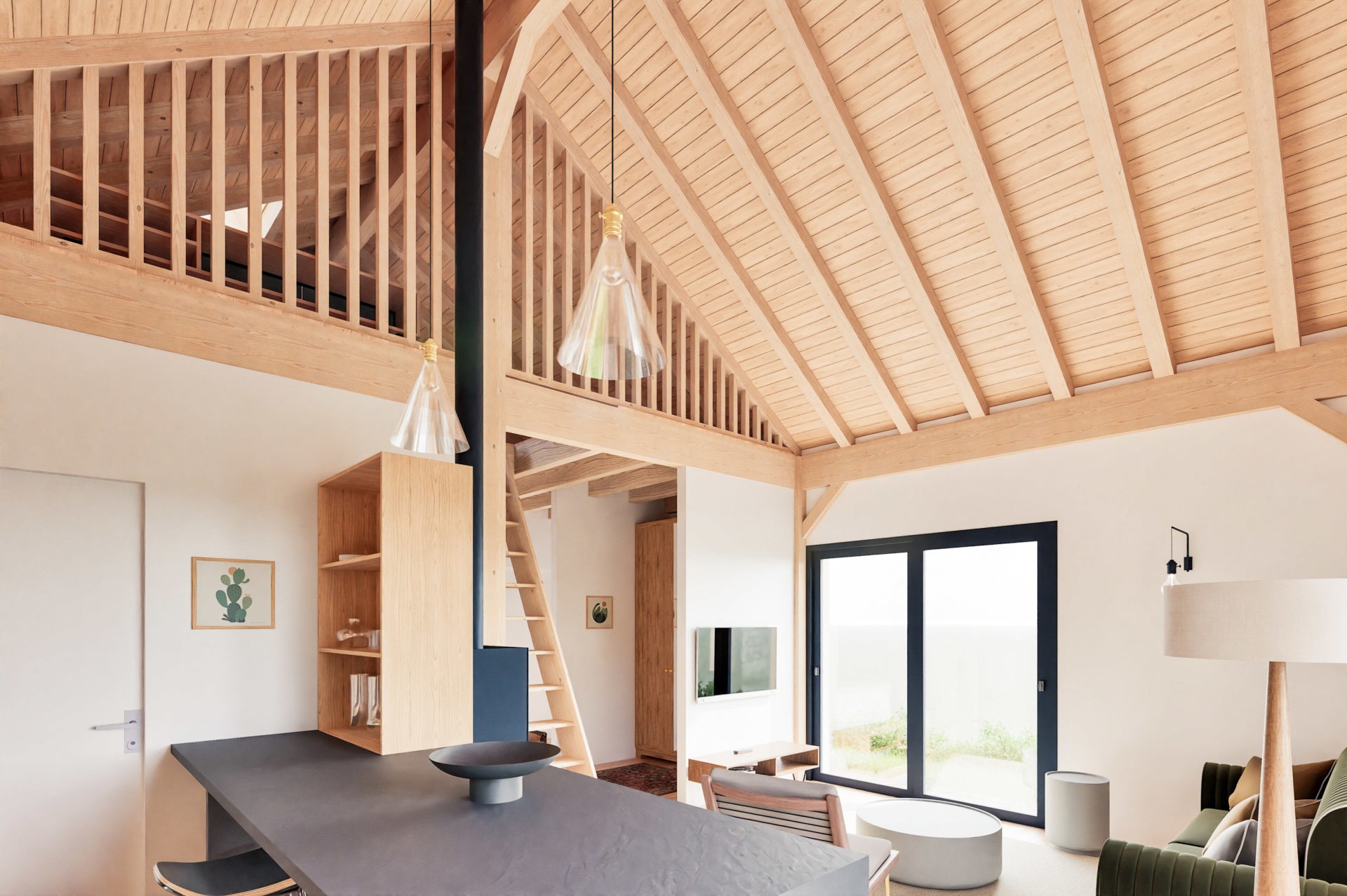 Vue de la cuisine de la maison TH, bois et réemploi
