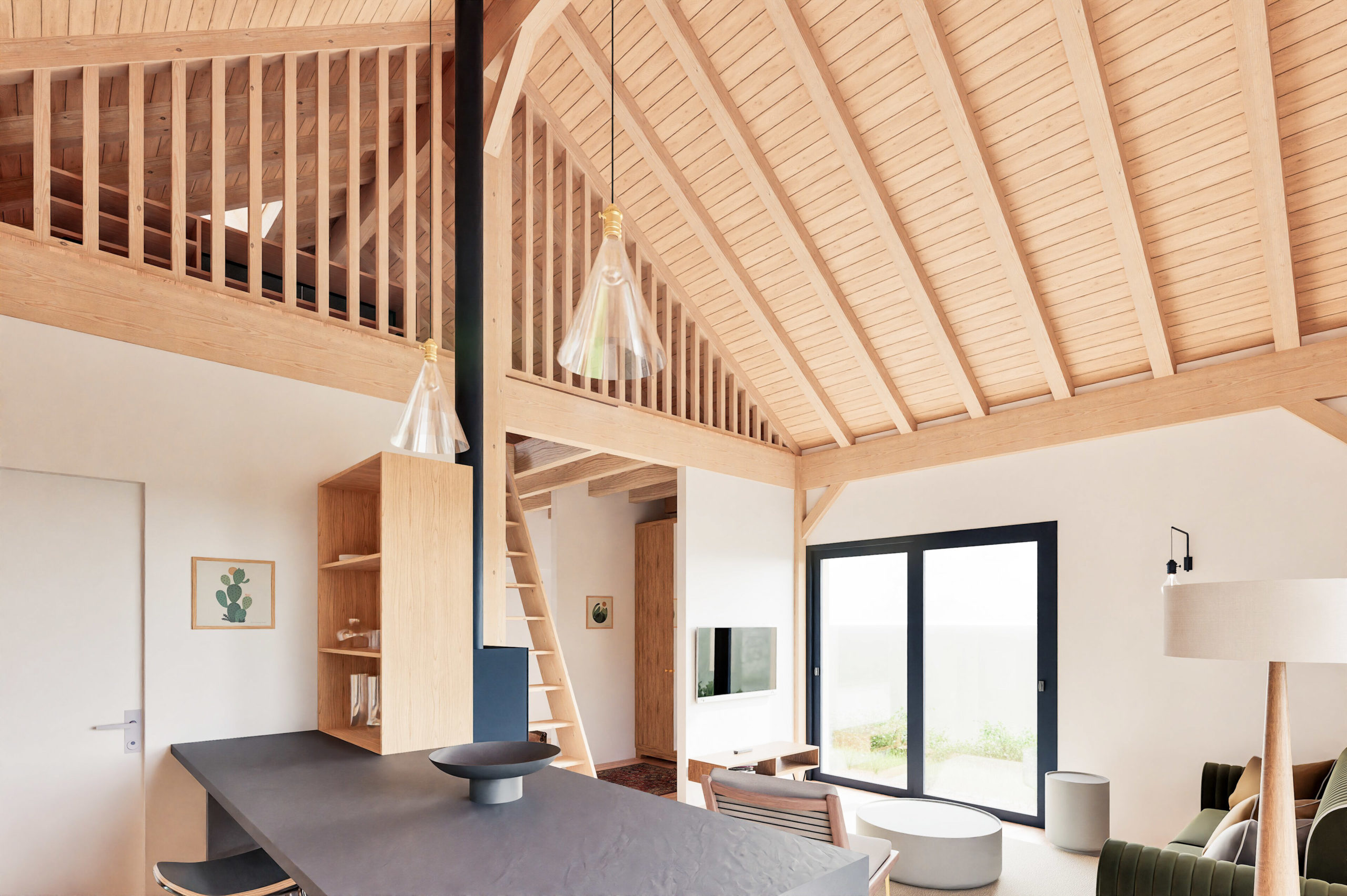 Vue de la cuisine de la maison TH, bois et réemploi