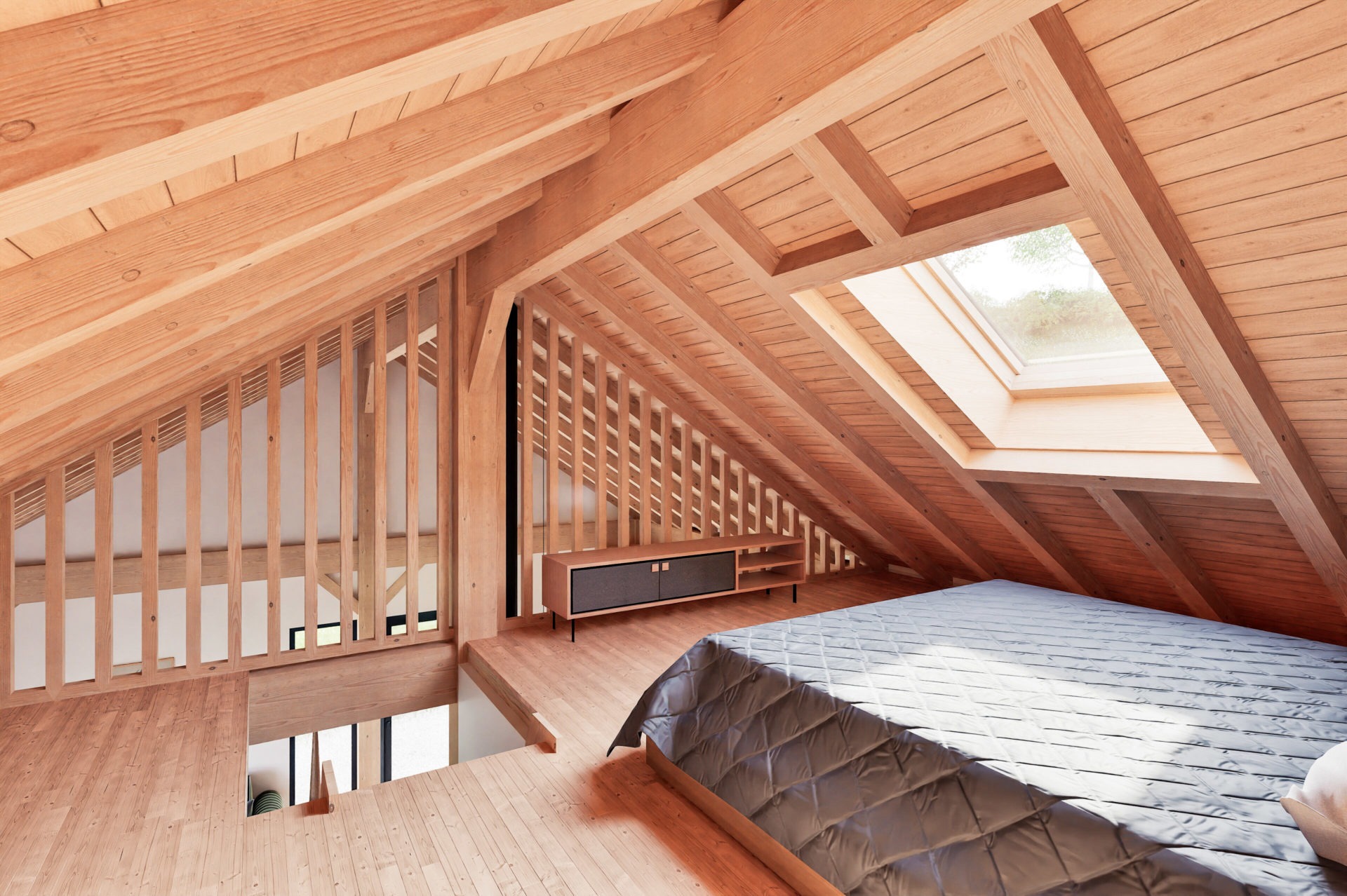 Vue de la mezzanine d'une maison en bois et réemploi