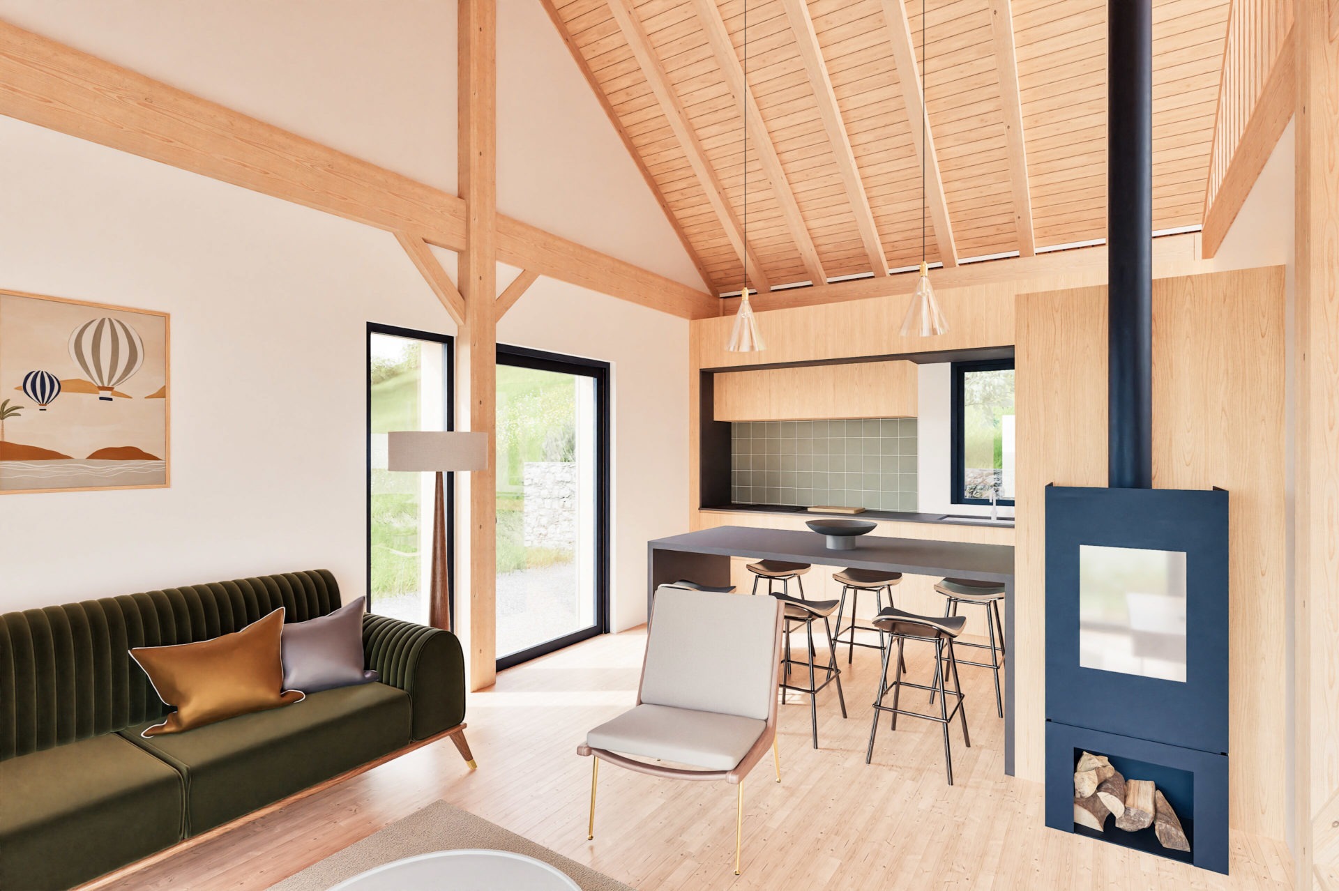 Vue du séjour de la maison TH, bois et réemploi