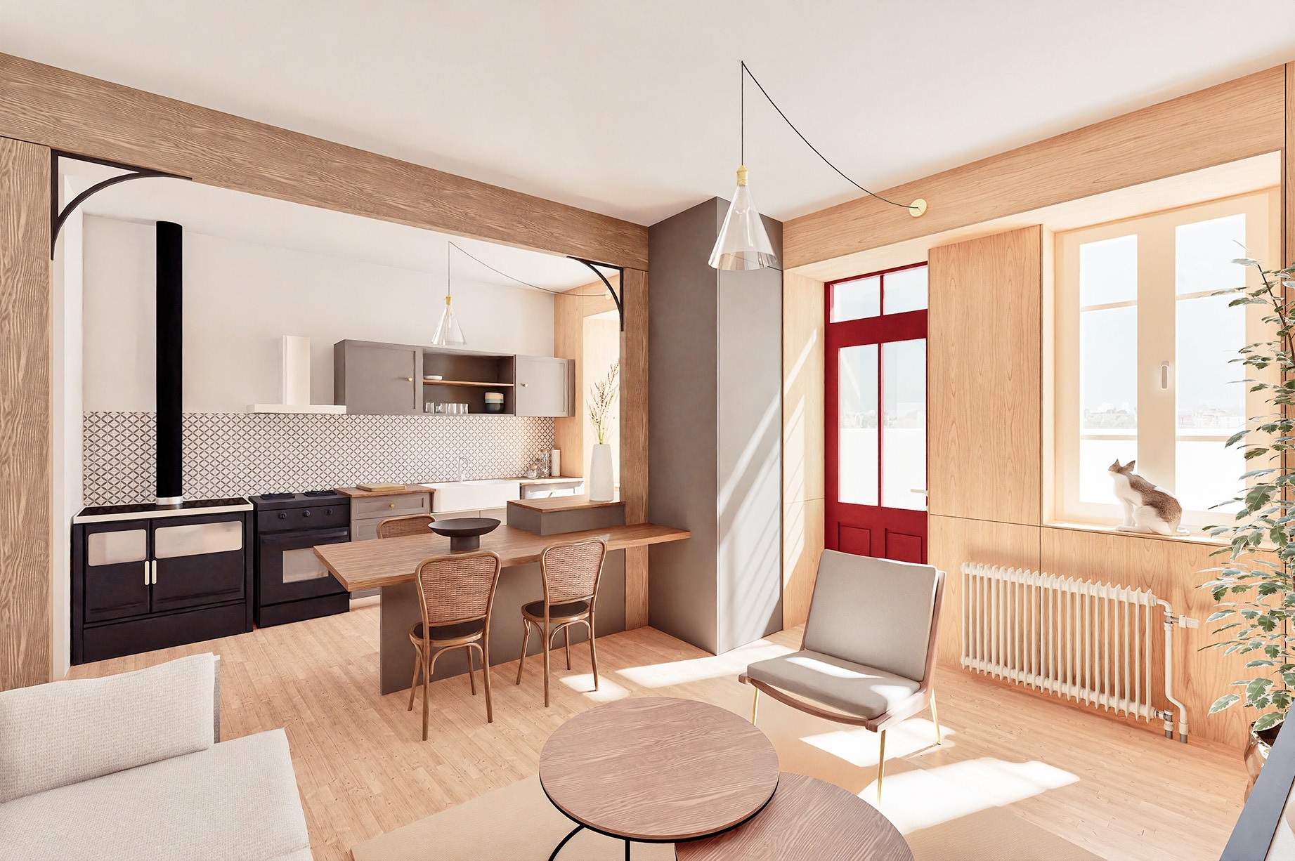 Vue 3D de la cuisine de la maison SCH en bois et matériaux locaux